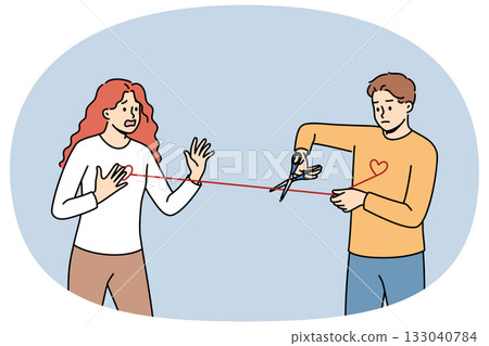 Man gets rid of love addiction and attachment to girlfriend, cuts rope connecting hearts 133040784
