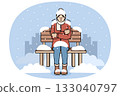 Freezing man sits on bench covered with snow due to lack of home and homeless shelters 133040797