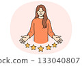 Woman user gives five-star rating for company and smiles while looking at screen 133040807