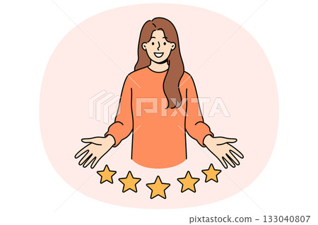 Woman user gives five-star rating for company and smiles while looking at screen Woman user gives five-star rating for company and smiles while looking at screen 133040807