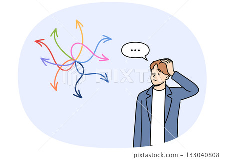 Business man is faced with difficult choice, looking at arrows pointing in different directions Business man is faced with difficult choice, looking at arrows pointing in different directions 133040808