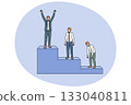 Business man who wins professional competition raises hands up while standing at top career ladder 133040811