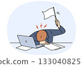 Stressed business man waving white flag after professional burnout, lying at workplace with laptop 133040825