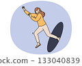 Happy woman jumps out of hole, showing readiness to move forward and energetic mood 133040839