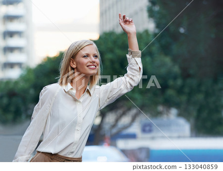 Travel, urban city and happy woman hail, wave or try to stop taxi, cab or car ride for transportation journey in San Francisco. Happiness, street sidewalk and person gesture for USA transport service 133040859