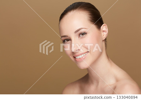 Mockup, portrait and woman with beauty, dermatology and confident against a brown studio background. Face, female person and girl with cosmetics, skincare and luxury with salon treatment and wellness 133040894
