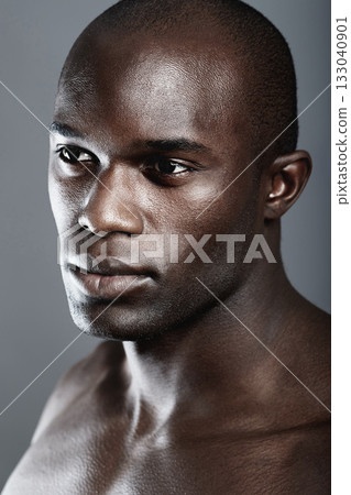 Aesthetic, beauty and face black man on dark background with muscle, motivation for fit and serious person. Health, art and face of strong African male model isolated on studio backdrop with wellness 133040901
