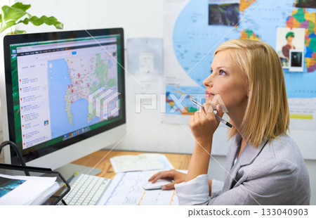 Office computer, travel agent woman and thinking of world, global or international tour, vacation or holiday idea. Digital map, tourism agency and female person dream of plan, solution or ideas 133040903
