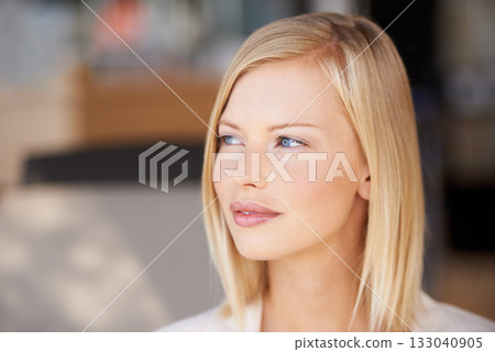 Thinking, beauty and face of a woman with mockup for natural makeup, cosmetics and idea. Female model person from Canada think about positive mindset, future or daydreaming for skincare headshot 133040905