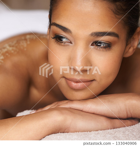 Woman thinking, body scrub or face of client in spa to relax for zen healing or wellness physical therapy. Beautiful girl dreaming of beauty salon to exfoliate for luxury skincare treatment or detox 133040906