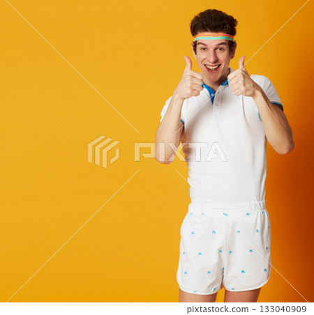 Man, fitness portrait and thumbs up isolated on studio background for winning, success and like, vote or thank you mockup. Face of retro athlete, sports or tennis person with okay and winner hands Man, fitness portrait and thumbs up isolated on studio background for winning, success and like, vote or thank you mockup. Face of retro athlete, sports or tennis person with okay and winner hands 133040909