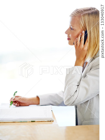 Woman, phone call and receptionist writing notes, listening and talking to contact. Cellphone, notebook and female secretary thinking, booking schedule or conversation and business mockup. 133040917