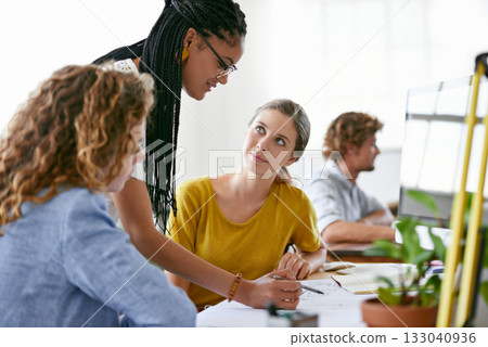 Woman, floor plan or engineering manager writing or planning project talking with leadership in meeting. Coaching women, teamwork or designers working on strategy of architecture blueprint in office Woman, floor plan or engineering manager writing or planning project talking with leadership in meeting. Coaching women, teamwork or designers working on strategy of architecture blueprint in office 133040936