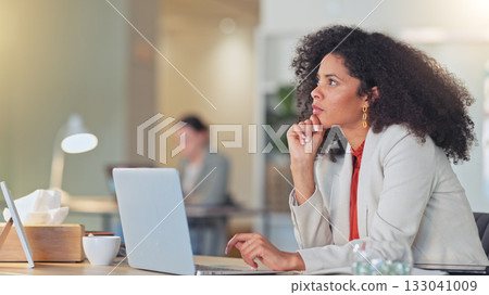 Business woman, thinking and ideas on laptop, copywriting and social media research or planning at marketing agency. Professional African person, editor or writer on computer for article inspiration Business woman, thinking and ideas on laptop, copywriting and social media research or planning at marketing agency. Professional African person, editor or writer on computer for article inspiration 133041009