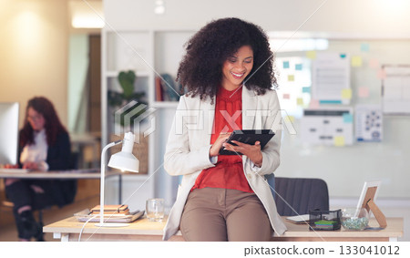 Business woman, office and tablet for planning schedule, company management or Human Resources. Professional african person or talent acquisition expert on digital technology at HR recruitment agency 133041012