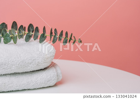 Minimal spa composition with eucalyptus on folded towels 133041024