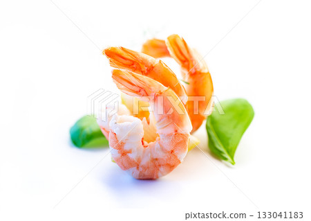 Appetizing boiled shrimp with herbs isolated for a restaurant menu 133041183