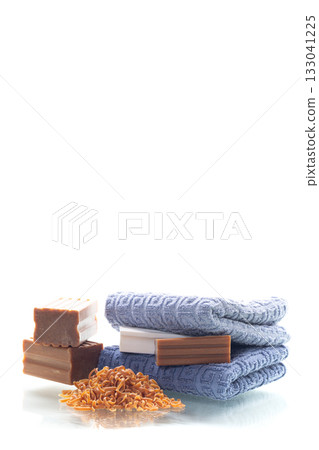 Eco friendly washing soap and detergent shavings on light background Eco friendly washing soap and detergent shavings on light background 133041225