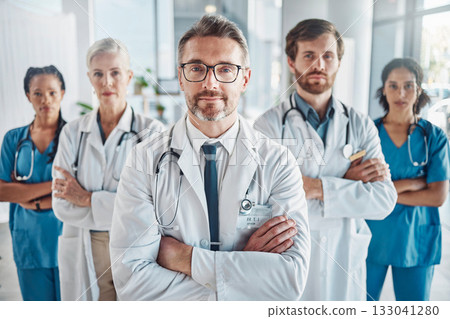 Healthcare, leadership and team portrait of doctor and nurses in hospital with support and serious teamwork. Health, help and medicine confident doctors and professional medical employees together Healthcare, leadership and team portrait of doctor and nurses in hospital with support and serious teamwork. Health, help and medicine confident doctors and professional medical employees together 133041280