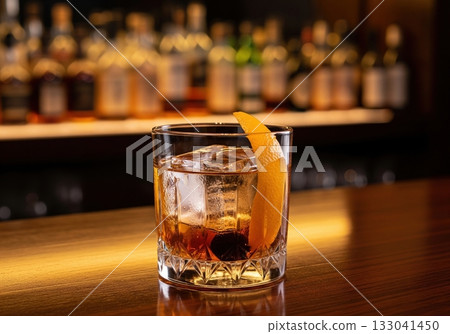 Classic Old Fashioned bourbon cocktail with an orange peel garnish on a sophisticated wooden bar 133041450