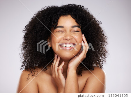 Beauty, skincare and black woman isolated on studio background for cosmetics, foundation and natural self love. Happy, young and model face or afro person from USA with dermatology results or makeup 133041505
