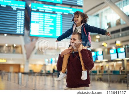 Happy, shoulders and father and daughter in airport for travel, vacation and global journey, Smile, airplane and relax with man carrying adopted child for holiday, flight and departure schedule Happy, shoulders and father and daughter in airport for travel, vacation and global journey, Smile, airplane and relax with man carrying adopted child for holiday, flight and departure schedule 133041537