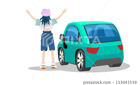 Concept travel time of young girl. Woman in bright clothes raises her arms in joy, showing her hopes fulfilled. Car is parked next to it. Traveling by vehicle alone. Isolated white background. Concept travel time of young girl. Woman in bright clothes raises her arms in joy, showing her hopes fulfilled. Car is parked next to it. Traveling by vehicle alone. Isolated white background. 133041539