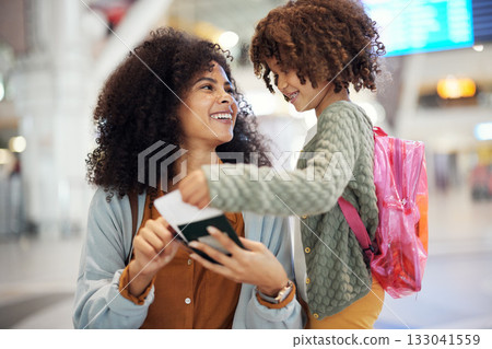 Travel, passport and woman with her kid in the airport checking their boarding pass together. Trip, technology and mother browsing on a cellphone with girl child while waiting for flight in terminal. Travel, passport and woman with her kid in the airport checking their boarding pass together. Trip, technology and mother browsing on a cellphone with girl child while waiting for flight in terminal. 133041559
