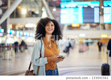 Black woman at airport, travel and passport with happiness, excited for holiday, plane ticket and boarding pass. Freedom, smile on face and flight with transportation, vacation mindset at terminal Black woman at airport, travel and passport with happiness, excited for holiday, plane ticket and boarding pass. Freedom, smile on face and flight with transportation, vacation mindset at terminal 133041561