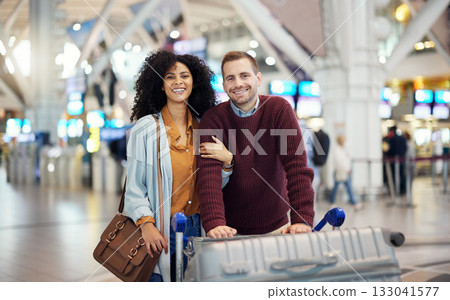 Travel, happy and portrait of interracial couple in airport for vacation, journey and transportation. Love, smile and luggage with man and black woman on holiday trip for tourism, flight or departure Travel, happy and portrait of interracial couple in airport for vacation, journey and transportation. Love, smile and luggage with man and black woman on holiday trip for tourism, flight or departure 133041577