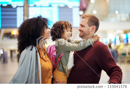 Family at airport, travel and hug with vacation, mother and father with child, ready for flight and adventure. Terminal, journey and holiday with black woman, man and kid, excited and interracial Family at airport, travel and hug with vacation, mother and father with child, ready for flight and adventure. Terminal, journey and holiday with black woman, man and kid, excited and interracial 133041578