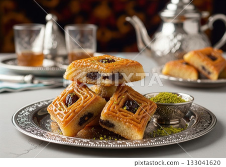 Traditional Makroudh, sweet semolina pastries with dates served with mint tea for a celebration Traditional Makroudh, sweet semolina pastries with dates served with mint tea for a celebration 133041620