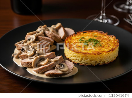 Swiss Zurcher Geschnetzeltes veal with a side of crispy rosti and creamy mushroom gravy 133041674