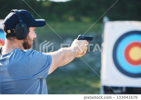 Man, firearm training and target for outdoor challenge, goals and aim for police, army or security academy. Shooting expert, pistol or gun for sport, safety and combat exercise in nature with vision Man, firearm training and target for outdoor challenge, goals and aim for police, army or security academy. Shooting expert, pistol or gun for sport, safety and combat exercise in nature with vision 133041676