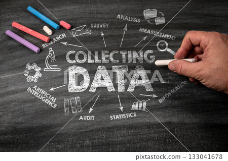 Collecting Data Concept. Black scratched textured chalkboard background 133041678