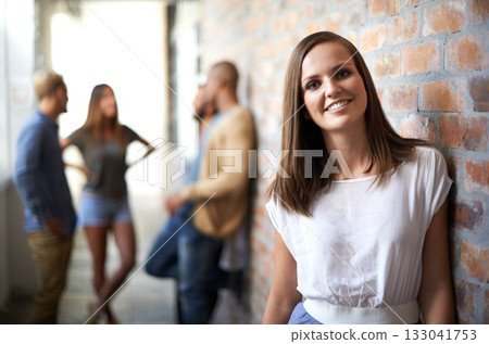 Education, happy and portrait of woman in hallway for academic exam, knowledge and learning. University, academy scholarship and female student with friends on campus for studying, college or school Education, happy and portrait of woman in hallway for academic exam, knowledge and learning. University, academy scholarship and female student with friends on campus for studying, college or school 133041753