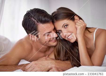 Bedroom love, face portrait and happy couple relax for morning peace, calm and quality time together in Toronto Canada. Smile, vacation or romantic people bond in hotel bed for Valentines Day holiday Bedroom love, face portrait and happy couple relax for morning peace, calm and quality time together in Toronto Canada. Smile, vacation or romantic people bond in hotel bed for Valentines Day holiday 133041761