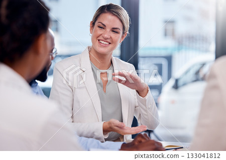 Business, leader and woman in meeting, conversation and explain new system, project and schedule. Female manager, ceo and staff with teamwork, discussion and collaboration with smile or communication 133041812