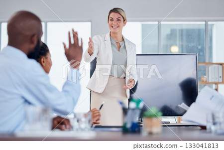 Question, happy and business people in a meeting discussion with an open conversation. Workshop, ask and manager listening to a black man with an opinion or vote during a seminar or conference Question, happy and business people in a meeting discussion with an open conversation. Workshop, ask and manager listening to a black man with an opinion or vote during a seminar or conference 133041813