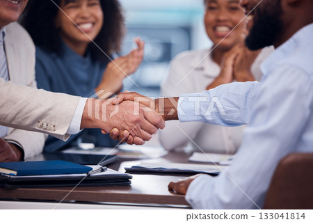 Handshake, congratulations and business people meeting for a deal, partnership and achievement. Thank you, welcome and employees shaking hands with applause for success, support and agreement 133041814