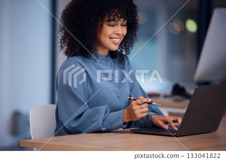 Happy, working and black woman typing on a laptop for email, connection and internet. Business, smile and employee reading from the web on a computer for work, project and freelancing in office Happy, working and black woman typing on a laptop for email, connection and internet. Business, smile and employee reading from the web on a computer for work, project and freelancing in office 133041822