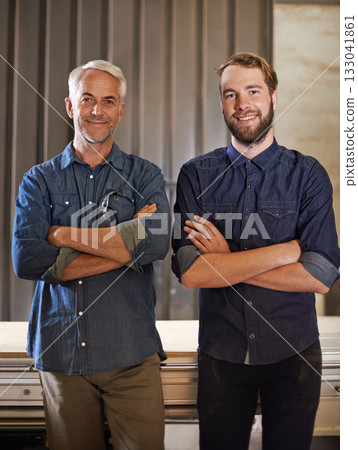Family, happy portrait and arms crossed of father and son woodwork team with a smile. Entrepreneur, male generation and carpentry workers with pride and success from small business and confidence 133041861