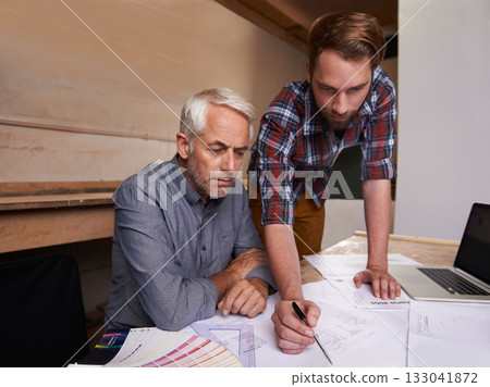 Architecture, teamwork and men with blueprint in workshop for building construction. Senior engineer, father and son working on design, project and planning of apprentice and mentor with paperwork. 133041872