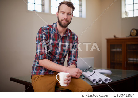 Portrait, entrepreneur and man in his office, startup success and blueprints with skills, plans and documents. Face, male employee and confident consultant in his workshop, paperwork and architecture 133041894