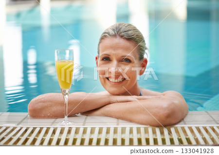 Swimming pool, happy and portrait of woman with juice relax on holiday, summer vacation and getaway. Travel, luxury spa resort and rich mature female person with drink for happiness, smile and peace Swimming pool, happy and portrait of woman with juice relax on holiday, summer vacation and getaway. Travel, luxury spa resort and rich mature female person with drink for happiness, smile and peace 133041928