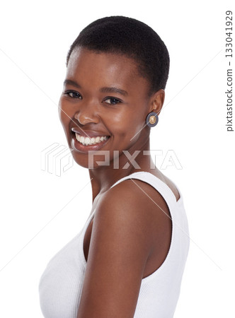 Face, natural beauty and portrait of a black woman in studio for facial shine, skincare and dermatology. Happy headshot of real person from Africa isolated on a white background with a smile and glow Face, natural beauty and portrait of a black woman in studio for facial shine, skincare and dermatology. Happy headshot of real person from Africa isolated on a white background with a smile and glow 133041929