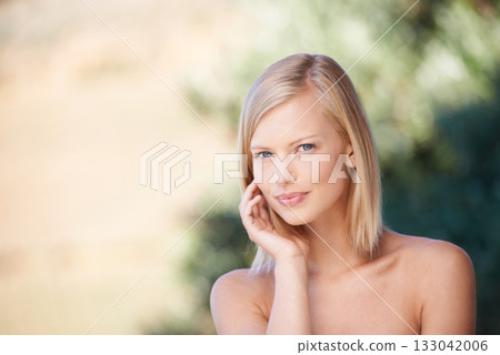 Portrait, beauty and a woman outdoor in nature for natural makeup, dermatology and cosmetics. Face of female model happy with green or sustainable skincare, facial self care and healthy skin glow 133042006