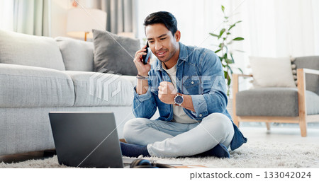 Phone call, laptop and man on floor with fist pump, good news and promotion for freelance job. Networking, communication and person on tech for planning, online conversation and discussion in house Phone call, laptop and man on floor with fist pump, good news and promotion for freelance job. Networking, communication and person on tech for planning, online conversation and discussion in house 133042024