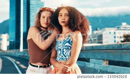 Women, fashion and portrait of friends with streetwear, edgy clothes or confident in city. Cool, trendy and girls outdoor together with sunglasses, urban outfit or serious with gen z style for swag 133042028
