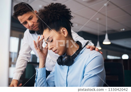 Burnout, call center and black woman with headache in office with colleague for help, comfort and support. Stress, girl and tired while consulting for crm, telemarketing and customer service online Burnout, call center and black woman with headache in office with colleague for help, comfort and support. Stress, girl and tired while consulting for crm, telemarketing and customer service online 133042042